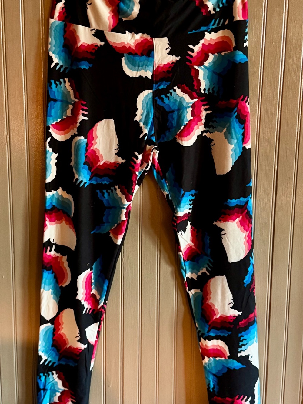 LuLaRoe Black Leggings with Blue, Pink and white Print Tall & Curvy